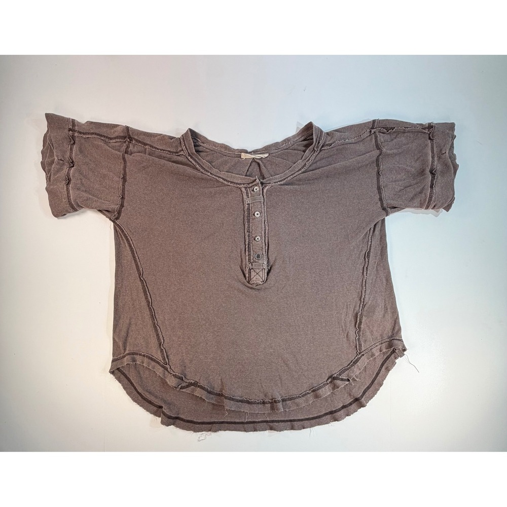 Free People We The Free Henley Top Brown Short Sleeve Raw Seam Boxy Small